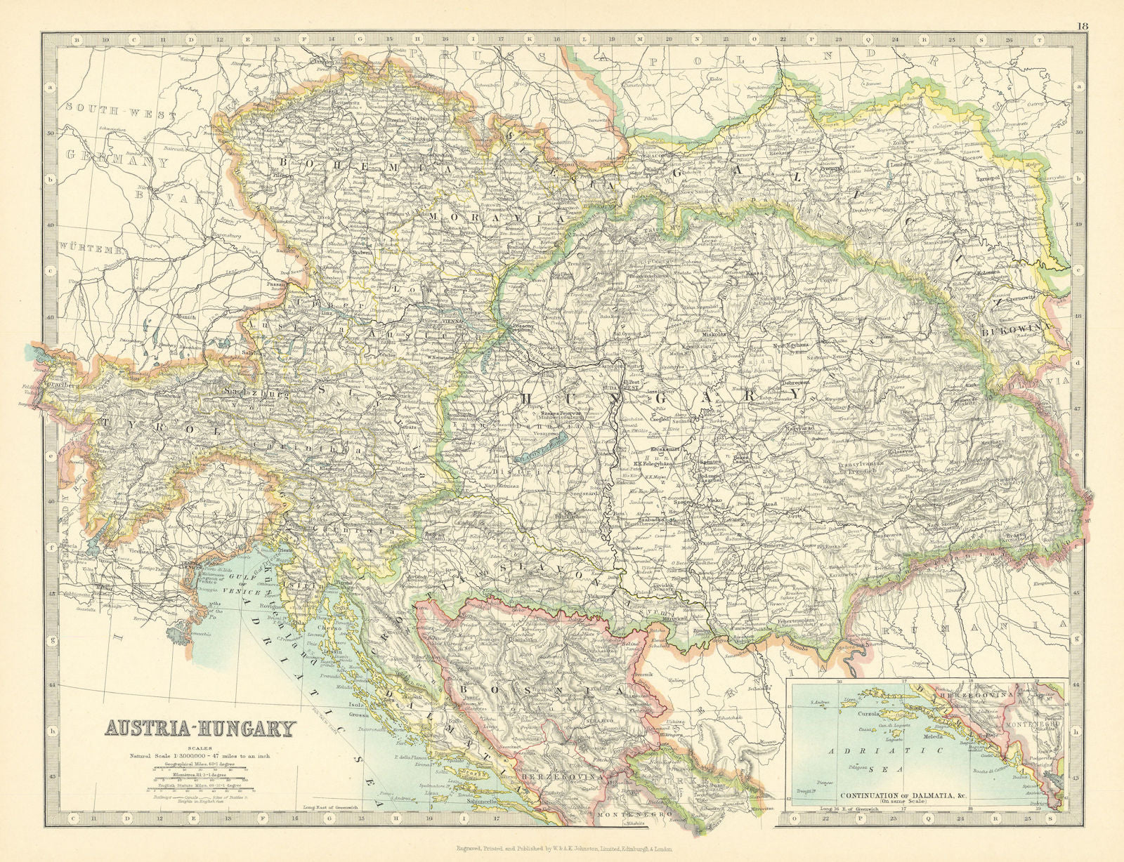 AUSTRIA-HUNGARY. Dalmatian coast. Bosnia. Railways. JOHNSTON 1911 old map